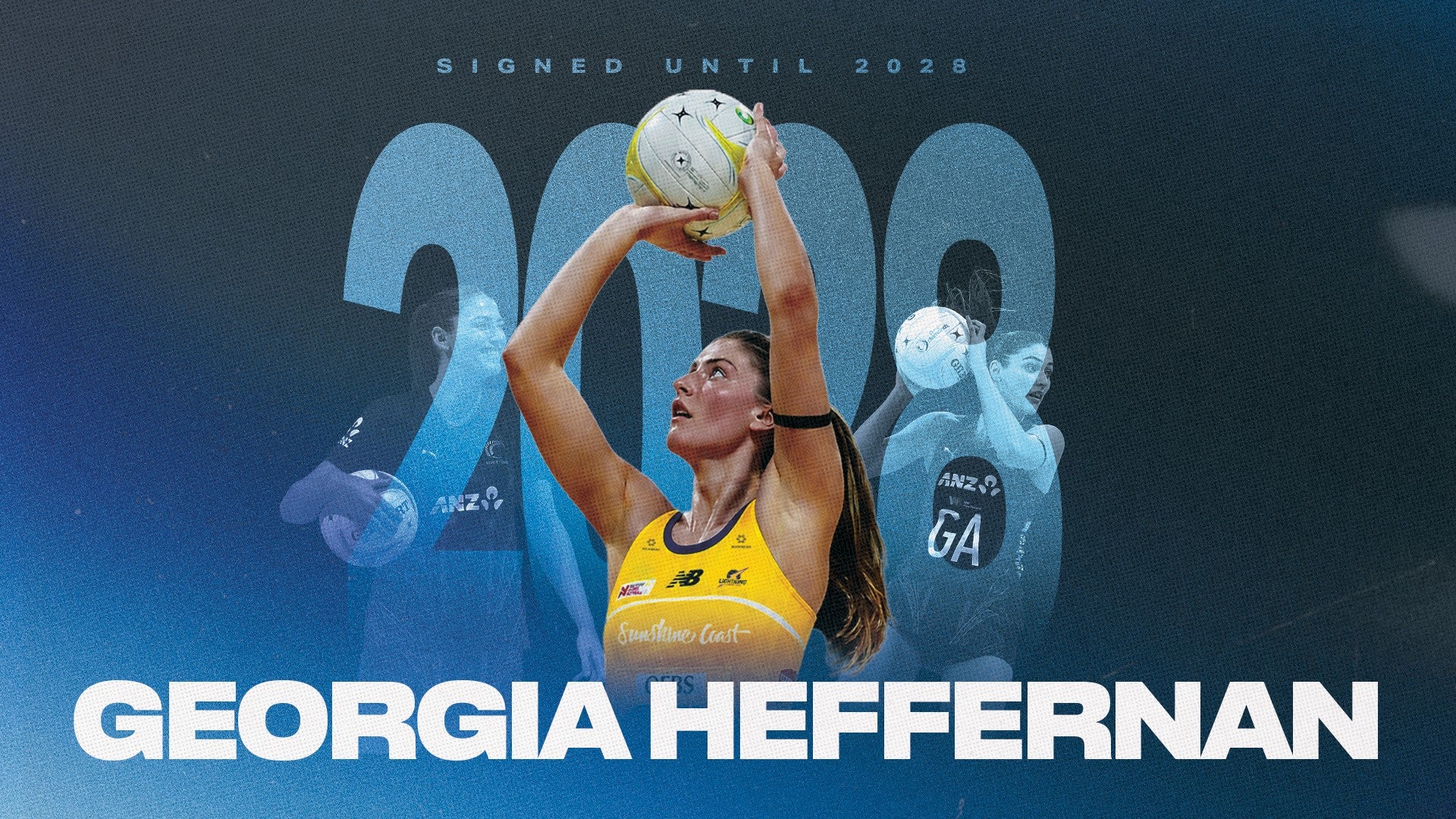 Netball profile pic of Georgia Heffernan; 2028 background text