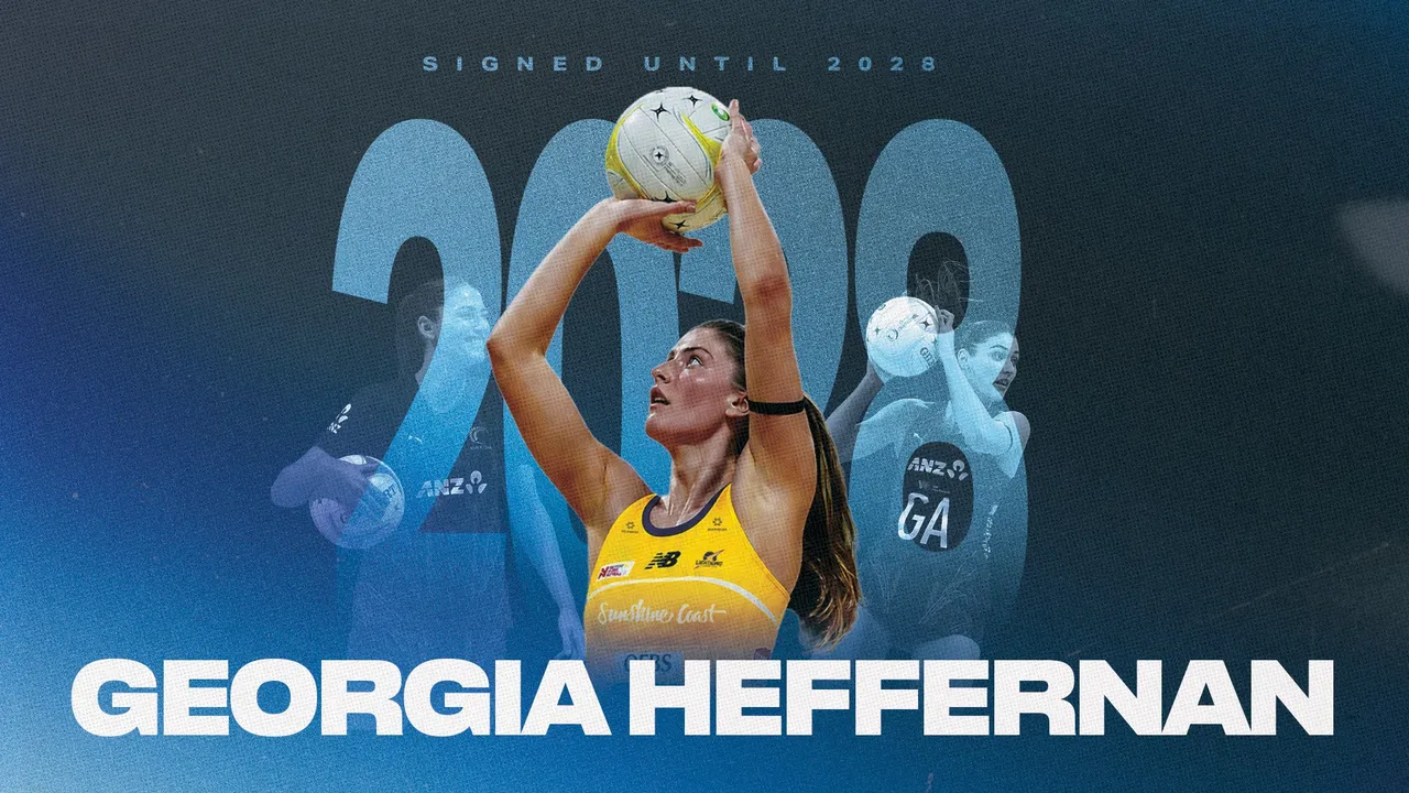 Netball profile pic of Georgia Heffernan; 2028 background text