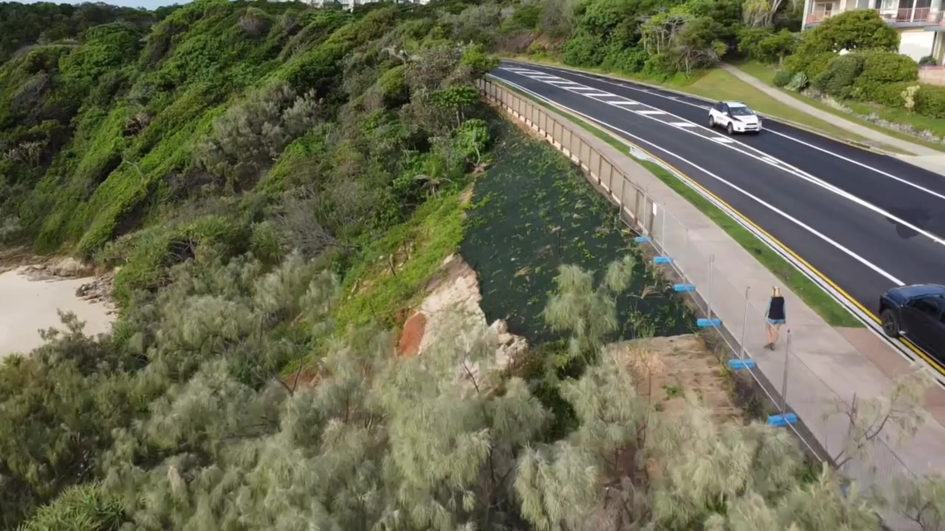 Landslip repair works completed at First Bay, Coolum - drone image from North