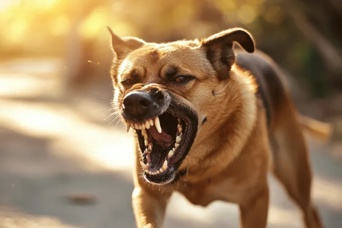 An angry and menacing dog is baring its teeth.