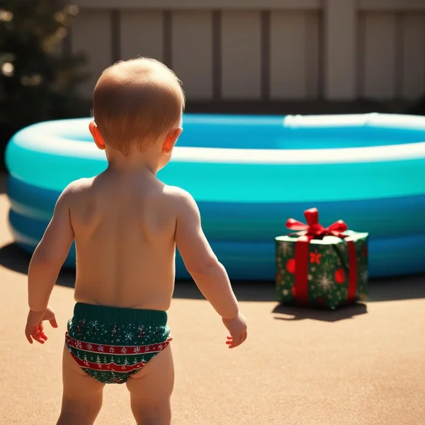 Toddler with red hair and Christmas swim nappy stands facing a Christmas present in front of a portable pool. AI generated image.