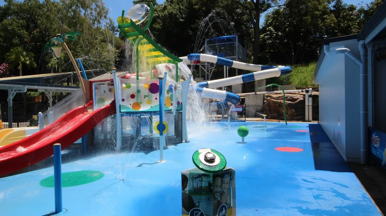 The kids play area showing water slides and play stations at Nambour Aquatic Centre