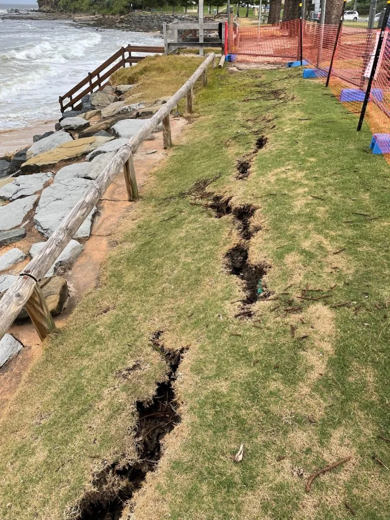 Cracking and damage to the Moffat Beach Seawall.