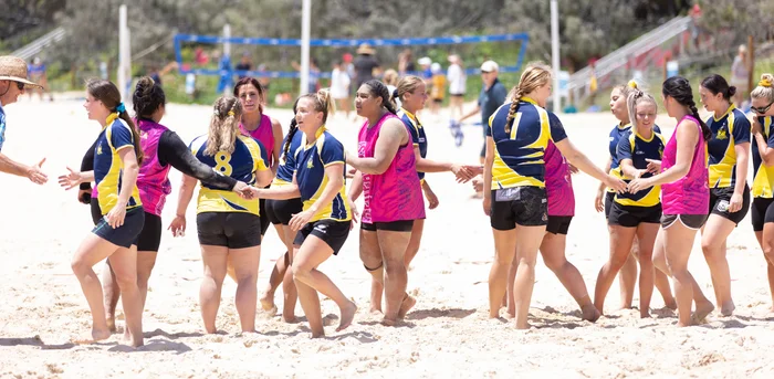 Beach 5s female competitors - shaking hands at the end of a game 