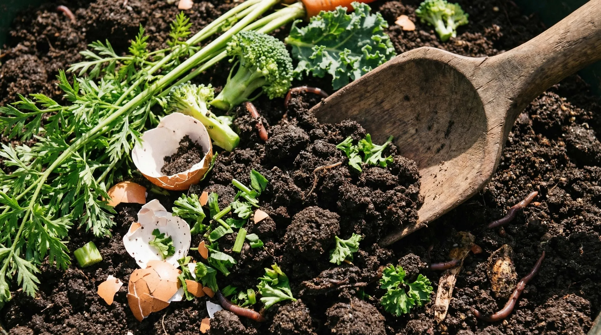a worm farm with a wooden shovel and fresh scraps on top