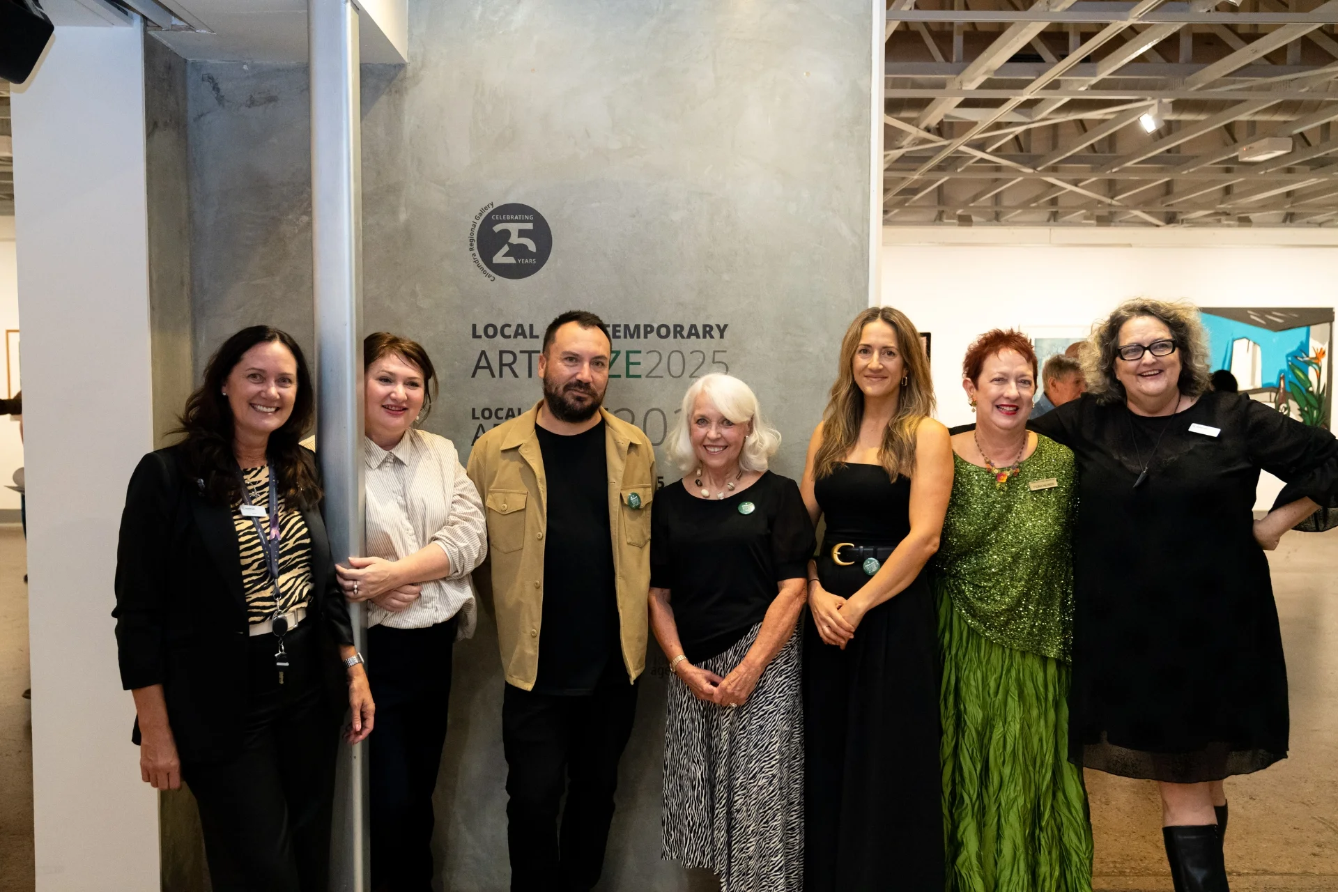Nina Shadforth, Senior Curator (Collections), Claire Sourgnes, guest judge, Terrence Gillespie, Sam Vatovey and Erin Conron, winning artists, Fiona Heiner, President, Friends, Regional Gallery Caloundra, Jo Duke, Gallery Director. Photo by Patrick Want, Volere Studio.