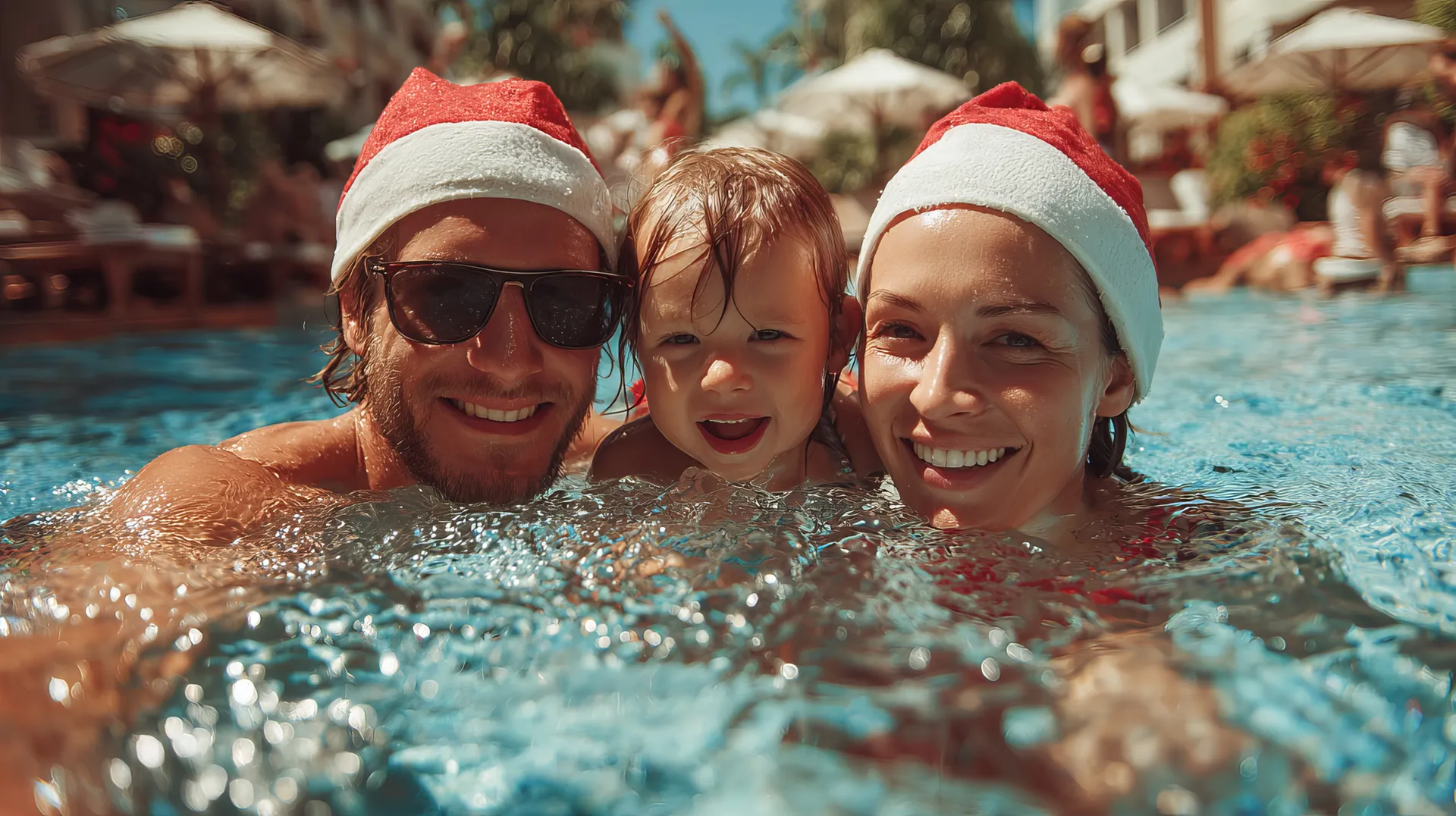 family in a pool wearing santa hats