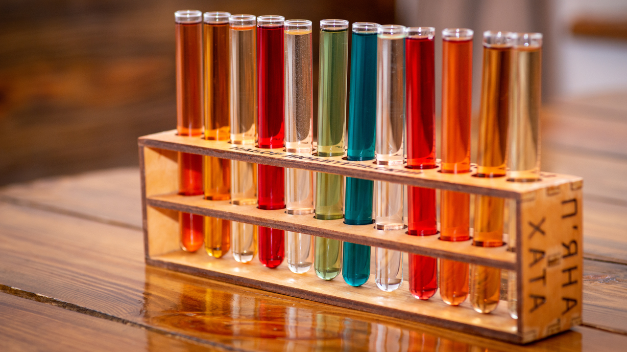 vials of coloured liquid