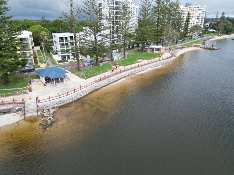 Aerial image of new seawall at Golden Beach Foreshore