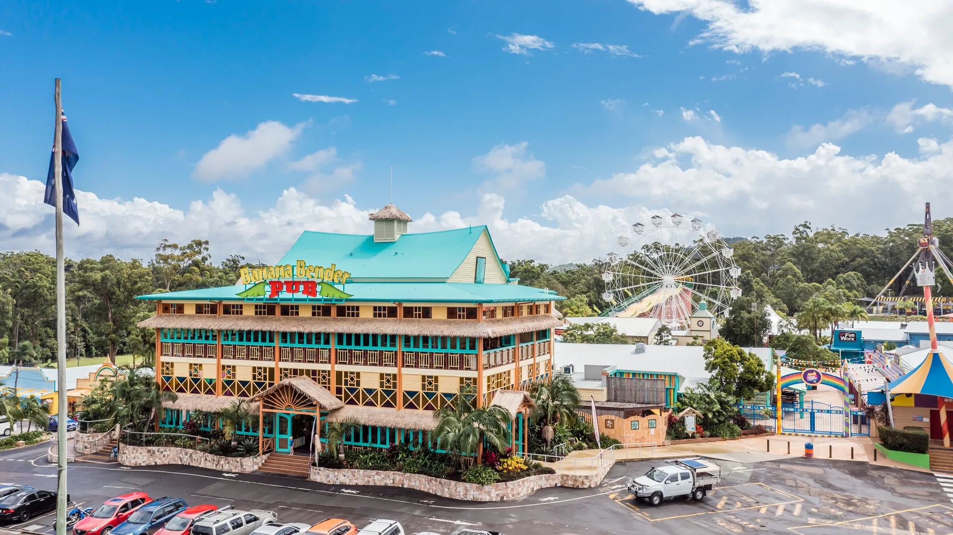 View of the Banana Bender Pub and Aussie World. Visit Sunshine Coast