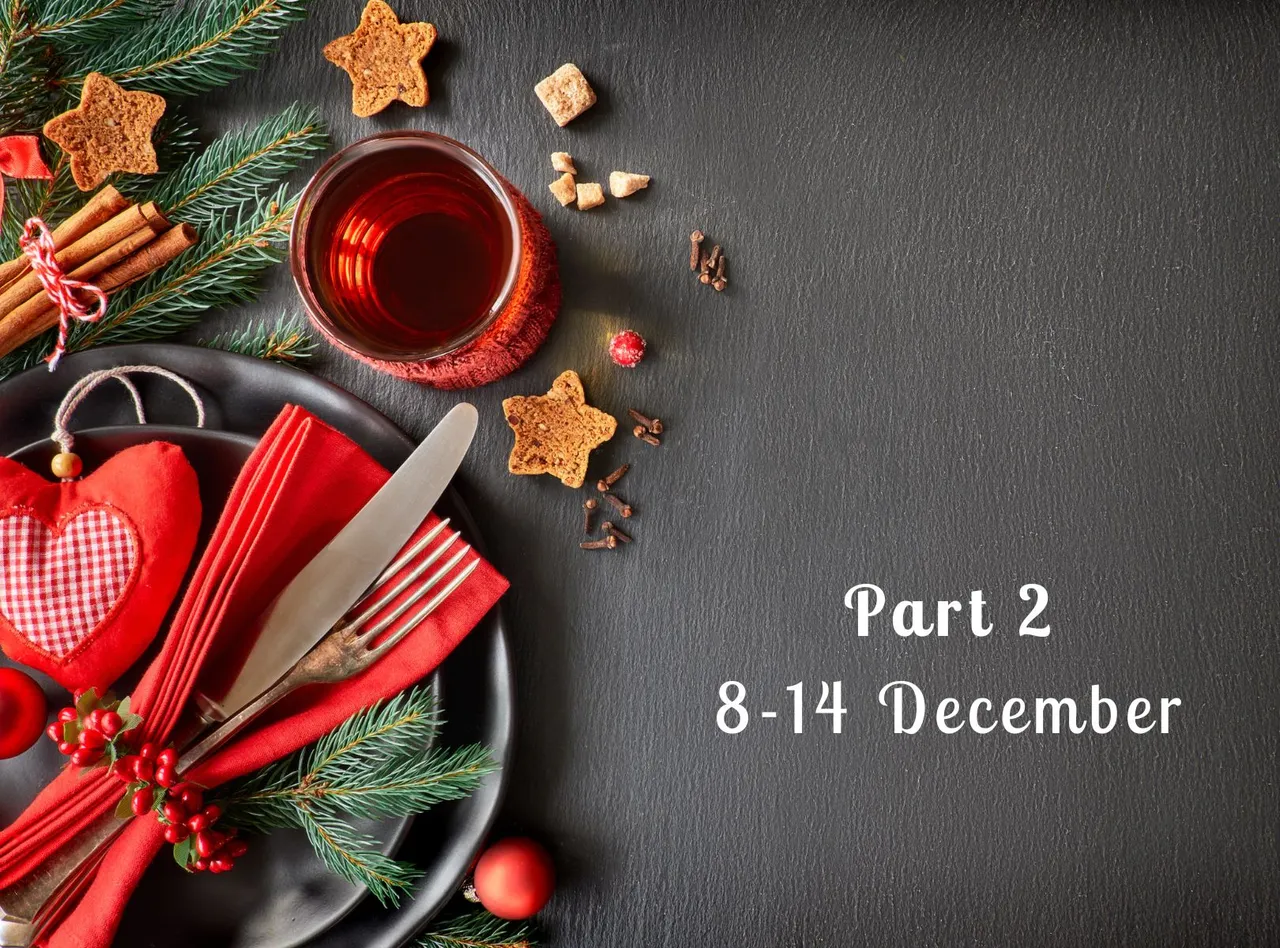 Christmas Guide page header shows a slate board, plate with knife and fork and festive setting with the words, Part 2 8-14 December