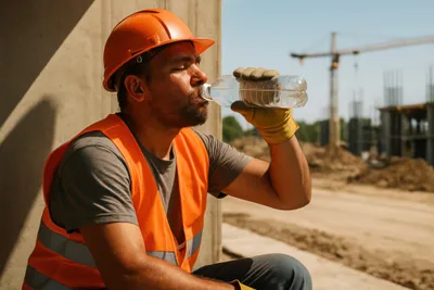 construction worker sitting in the shade drinking water