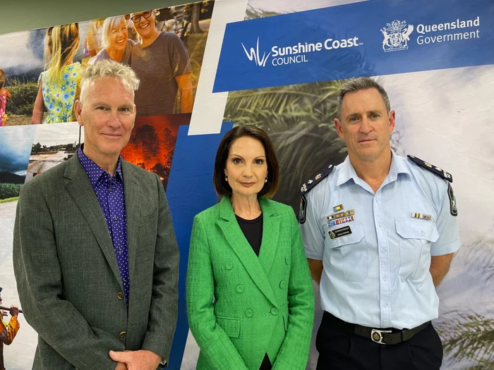 Noosa Shire Council Mayor Frank Wilkie, Sunshine Coast Local Disaster Management Group Chair Mayor Rosanna Natoli and Queensland Police Service Supt Craig Hawkins.