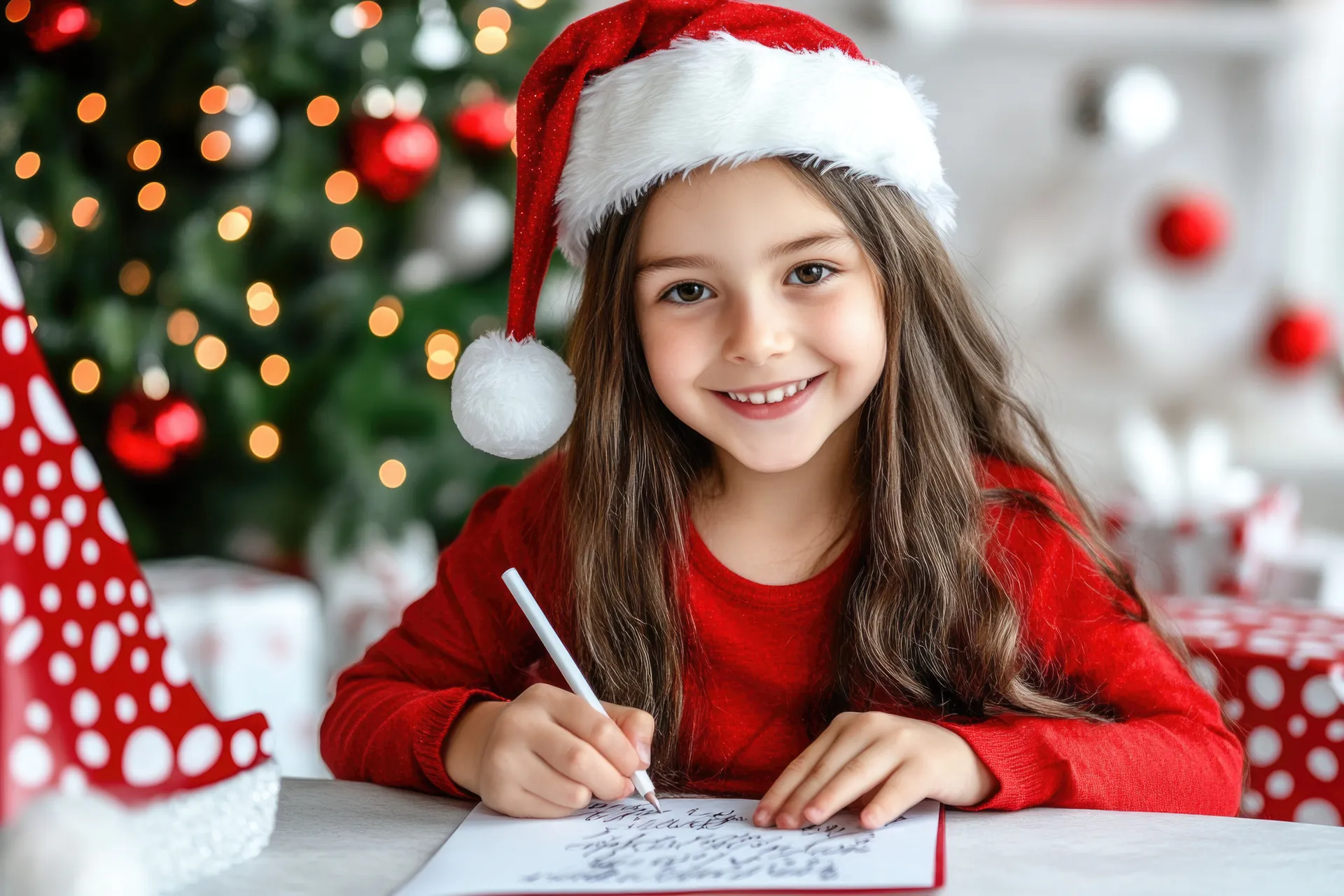 little girl in a Christmas outfit writing a card