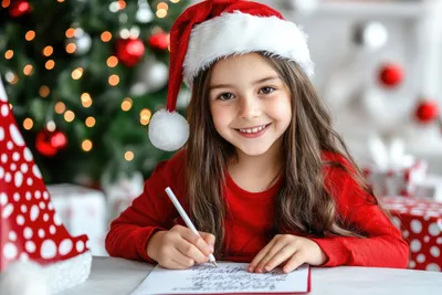 little girl in a Christmas outfit writing a card