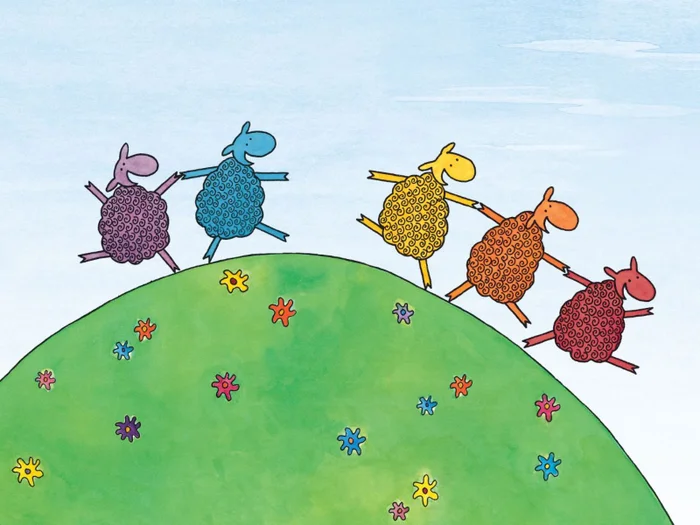 Where is the Green Sheep? immersive theatre production. Picture shows cartoon caricatures of 5 sheep one purple, one blue, one yellow, one orange and one red. Dancing over a green hill of colourful flowers.