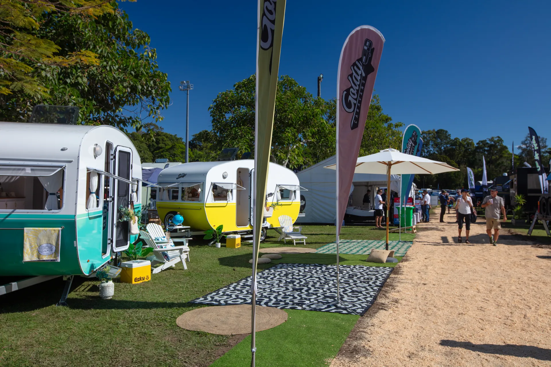 Retro caravans yellow and white, green and white.