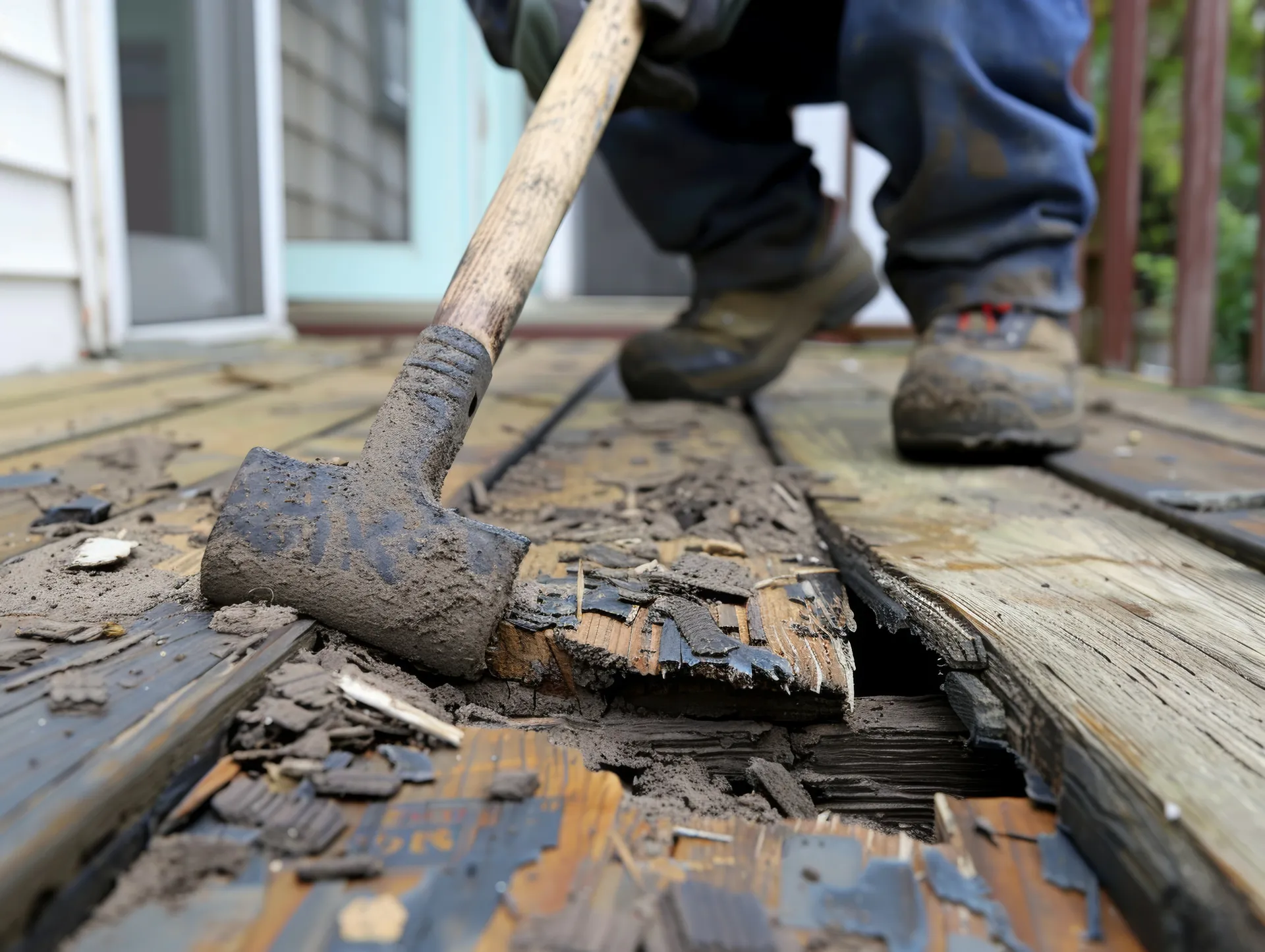 man removing rotten decking timber