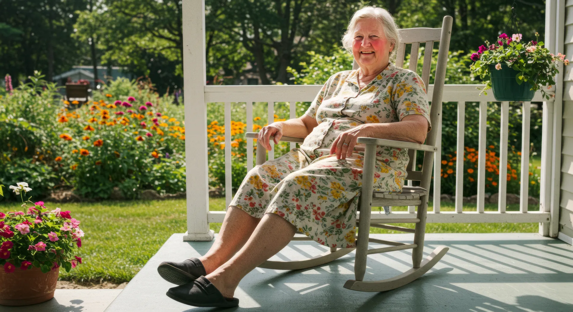 lady sitting in her garden on a rocking chair