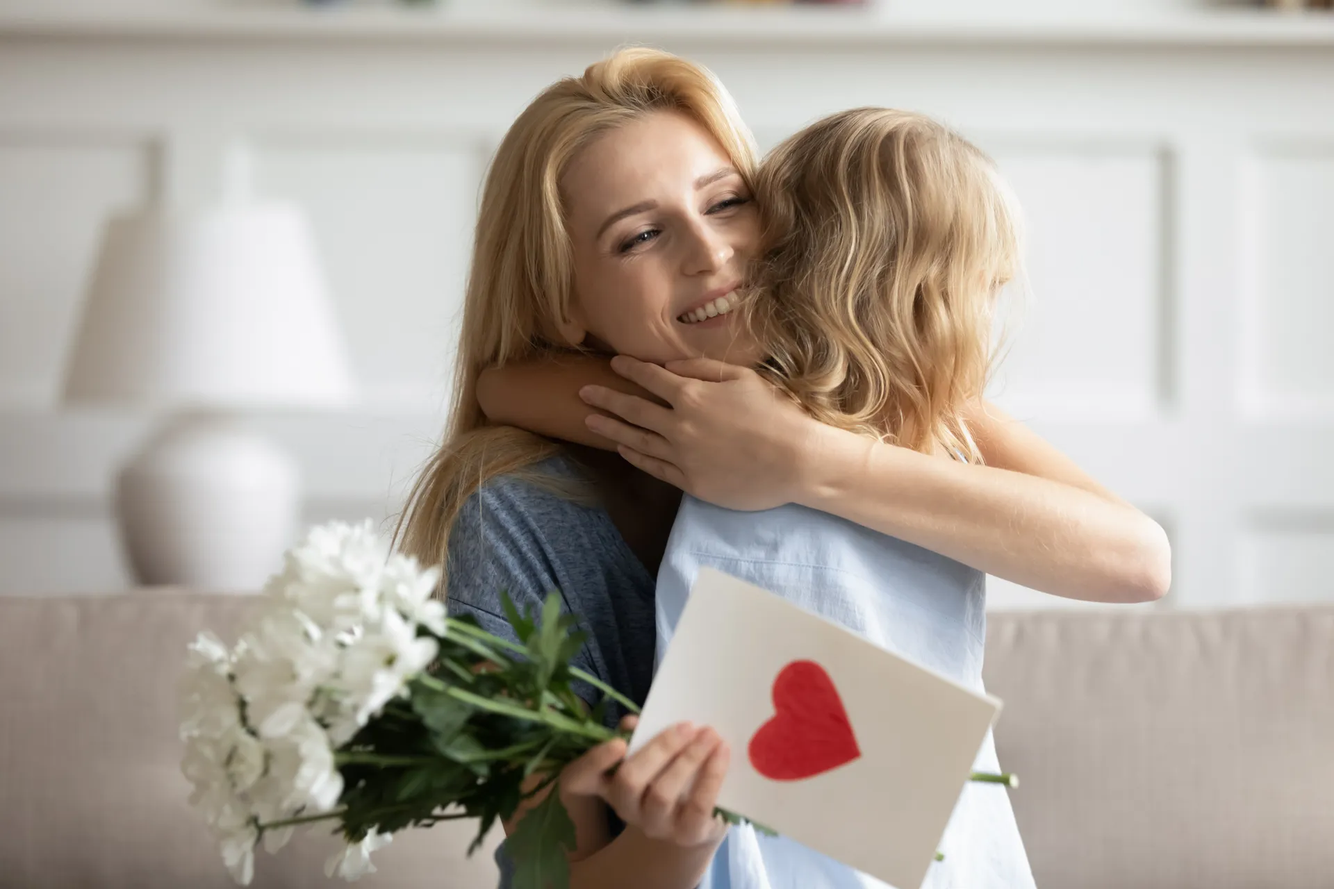 Mother and son hugging on mothers' day