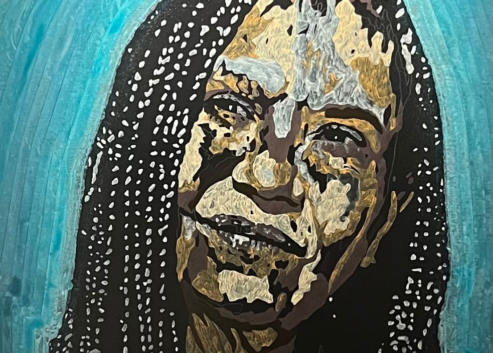 An abstract, monochrome portrait of a mature woman, looking thoughtfully into the distance, with a blue background.