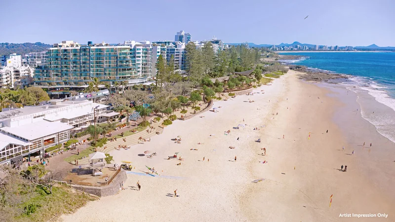 An artist’s impression of the new terraced seawall integrated from Brisbane Road to the Surf Club, part of Stage Two – Central Meeting Place and Southern Seawall.
