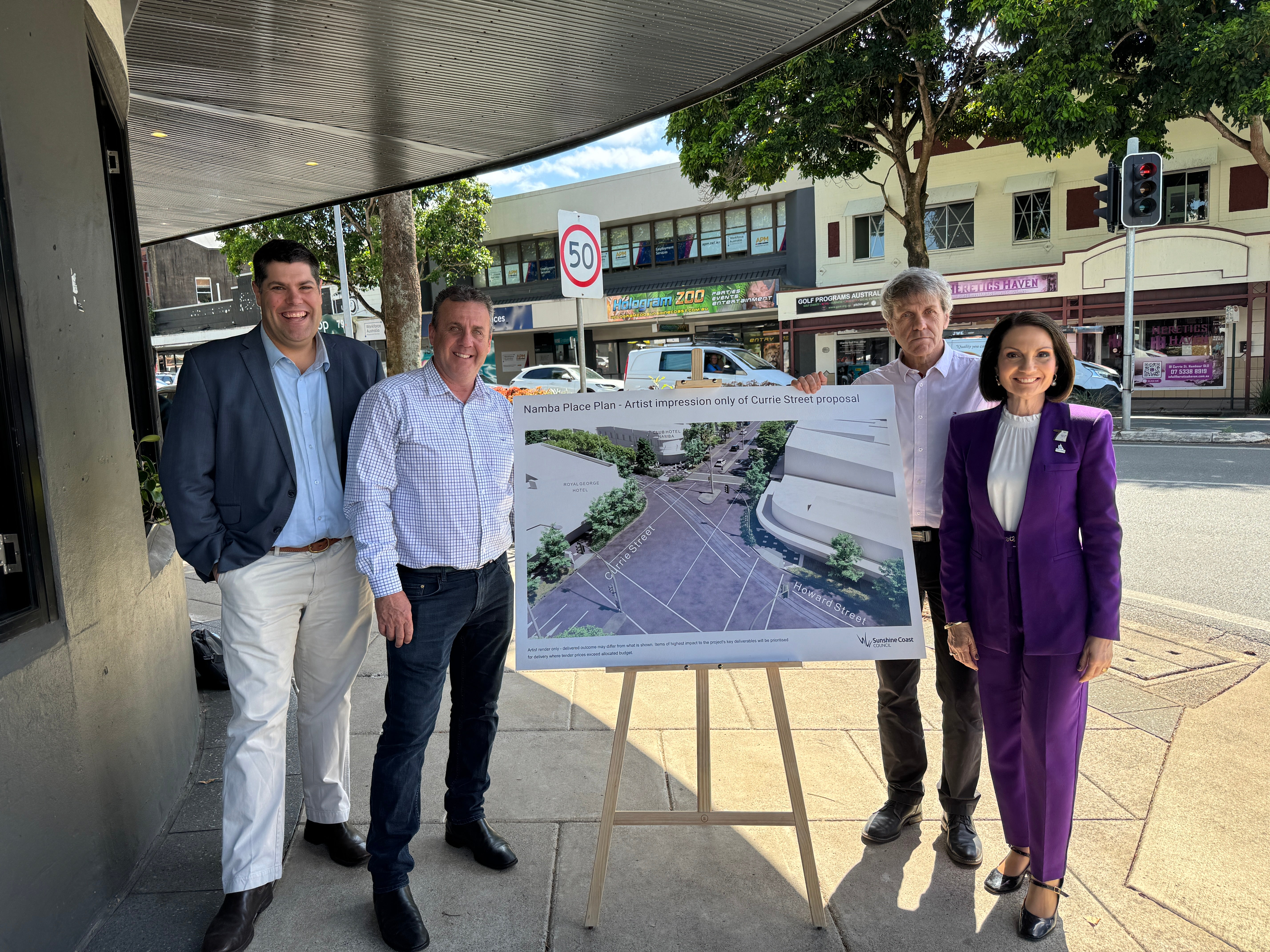 Minister Brent Mickelberg, MP Marty Hunt, Cr David Law and Mayor Rosanna Natoli at the Currie Street intersection holding the artist impression of the new streetscape. 