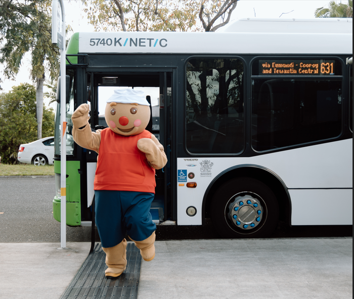 Gingerbread man exiting Translink bus