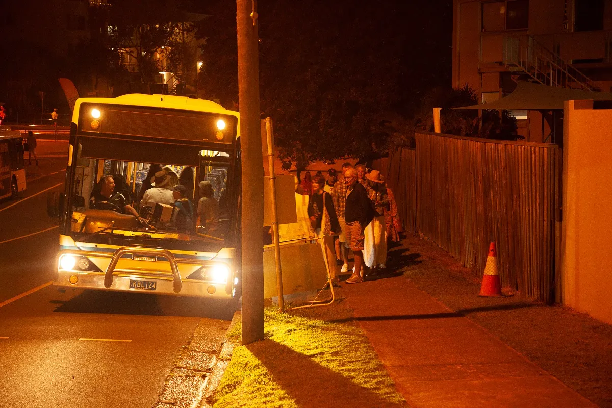 Caloundra Music Festival patrons boarding a FREE bus at the end of the evening.