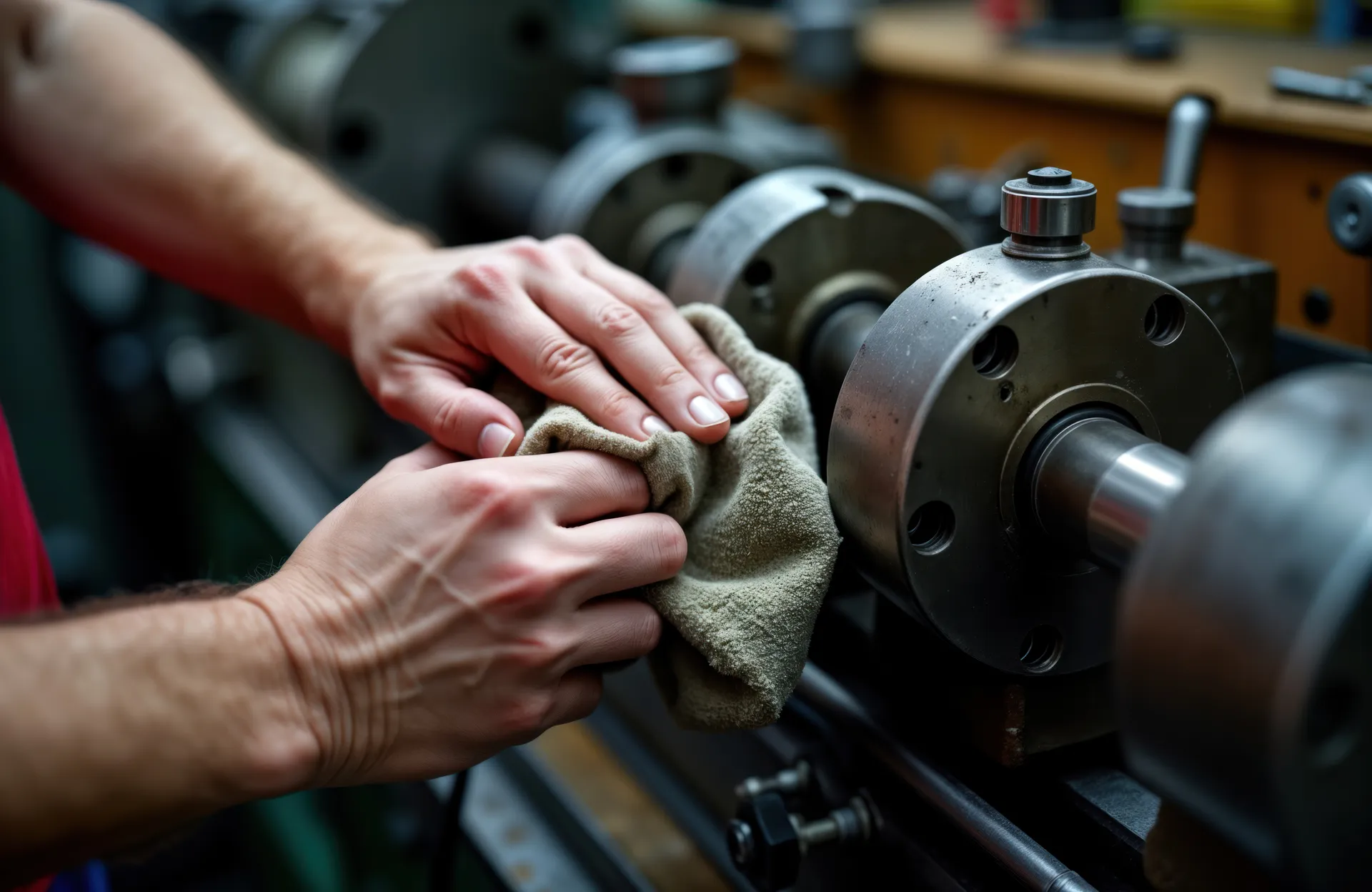 man cleaning an engine part with a rag