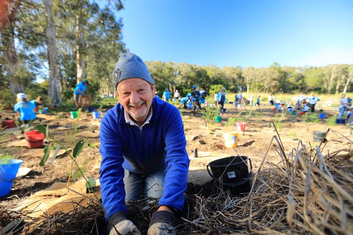 Man volunteering to plant a tree. 