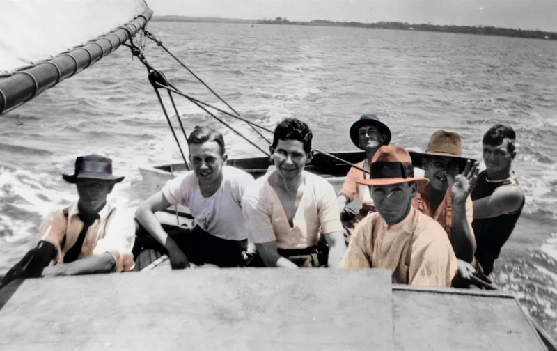 Crew under sail on board the boat, Sylvie, in the
Pumicestone Passage, Caloundra. 1920.