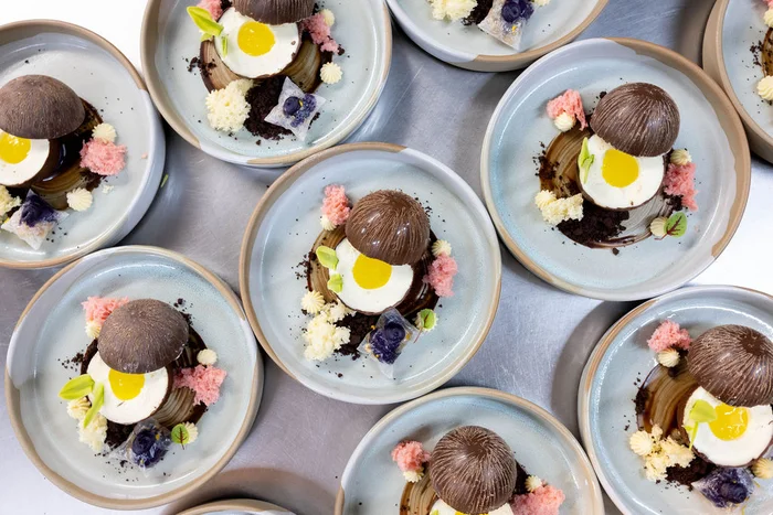 Mango’s Bar & Grill After Dark: Filipino Kitchen Takeover: Dessert - Coconut Mousse with Chocolate Soil, Goat Cheese Crémeux, Ube, Jackfruit, and Caramelized Banana “Turon”