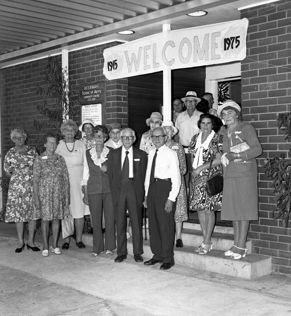 Beerwah District past and present senior citizens at the Beerwah School of Arts, 20 September 1975.
The group of senior citizens attended a Pioneer Lunch in the building as part of Beerwah’s celebrations to mark the 60th Anniversary of the School of Arts (1915-1975) and the Centenary of State Education.