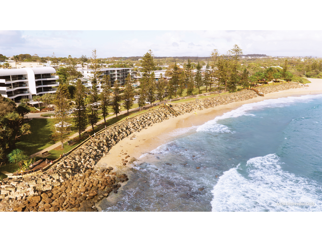 An artist's impression of a coastal scene featuring a seawall running through the center. Norfolk pines line the edges of a park, adding greenery to the landscape. The ocean is visible in the foreground, while residential homes and businesses can be seen in the background, creating a picturesque and serene environment.