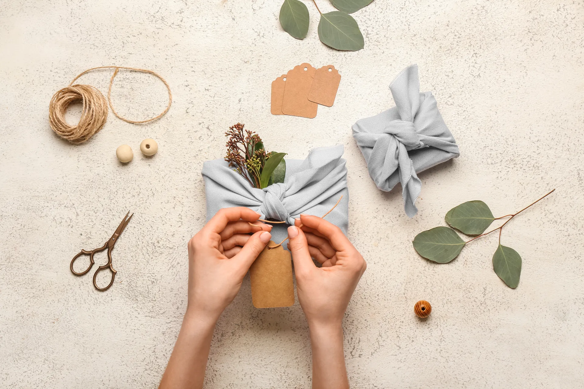 sustainable fabric wrapping with dried leaves