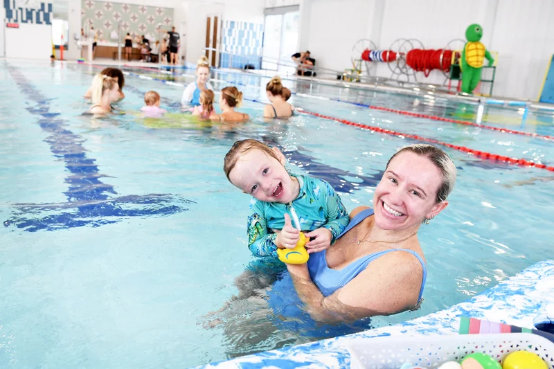 Paxton Ciseau with mum Melissa, enjoying the new 20-metre, five-lane indoor heated pool at Kawana Aquatic Centre
