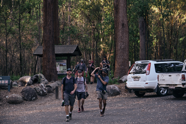 Film crew with equipment walking from the forest. 
