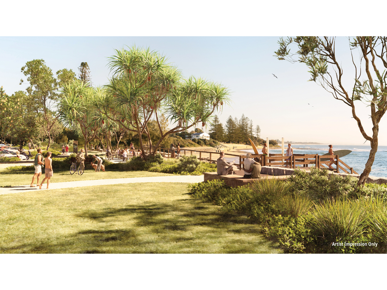 After view of the Eleanor Shipley car - A lively space along the oceanfront with a scenic coastal pathway. People are joyfully walking along the pathway, surrounded by lush green trees and grass. The parking area is well-equipped with spaces for cars, people with disabilities, and e-bikes. The sparkling ocean and vibrant atmosphere make it a delightful spot for everyone.