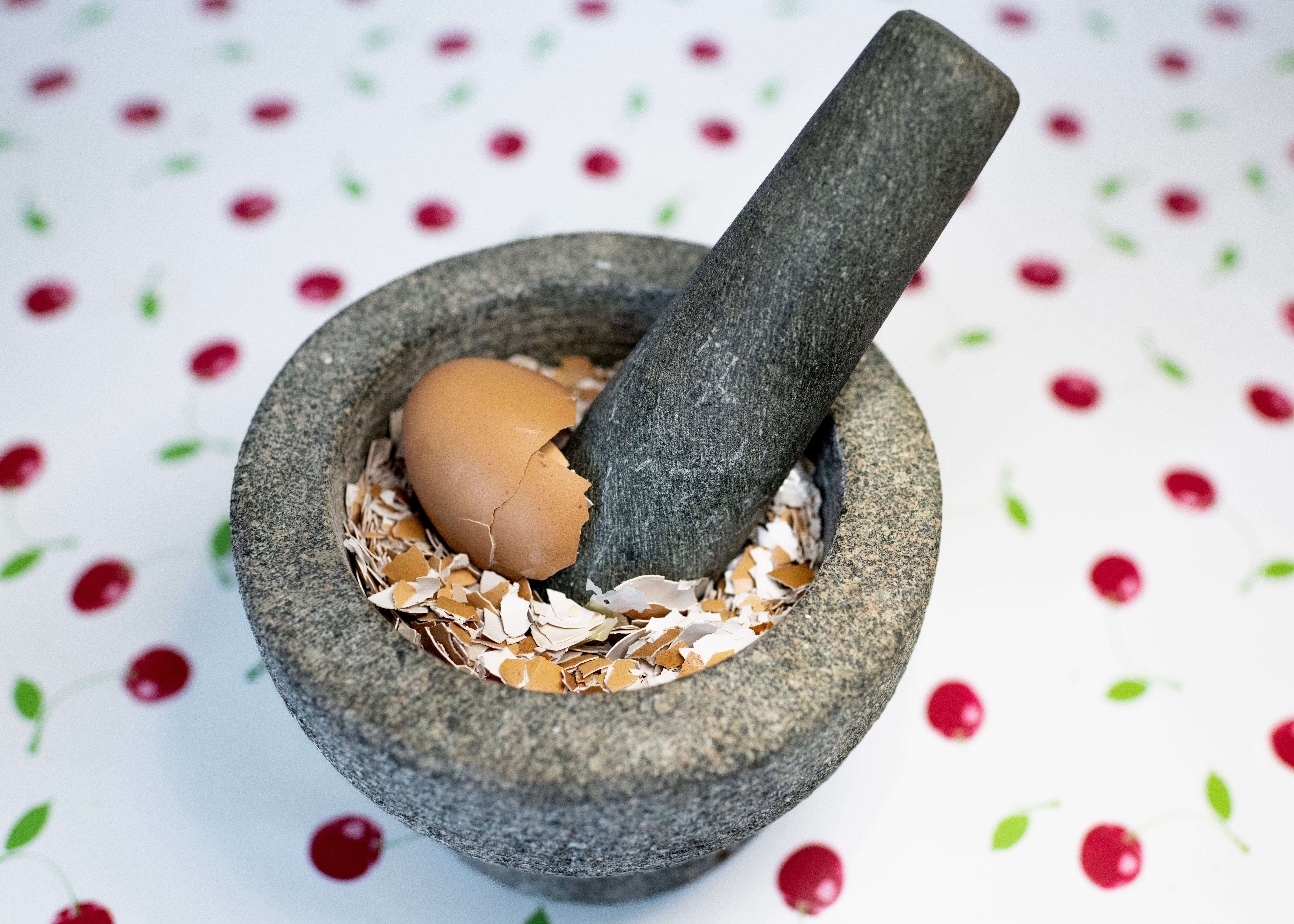 a pestle and mortar filled with egg shells 