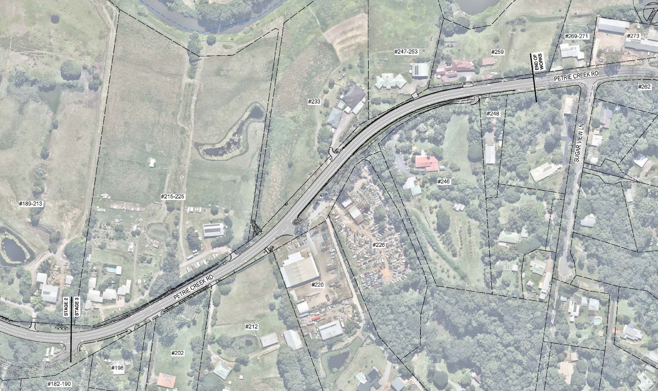 Stage 3 will involve road, drainage and utility works on Petrie Creek Road from Stage 2 works (Eastern service road intersection) through to Sugar View Lane approximately 650 metres. 