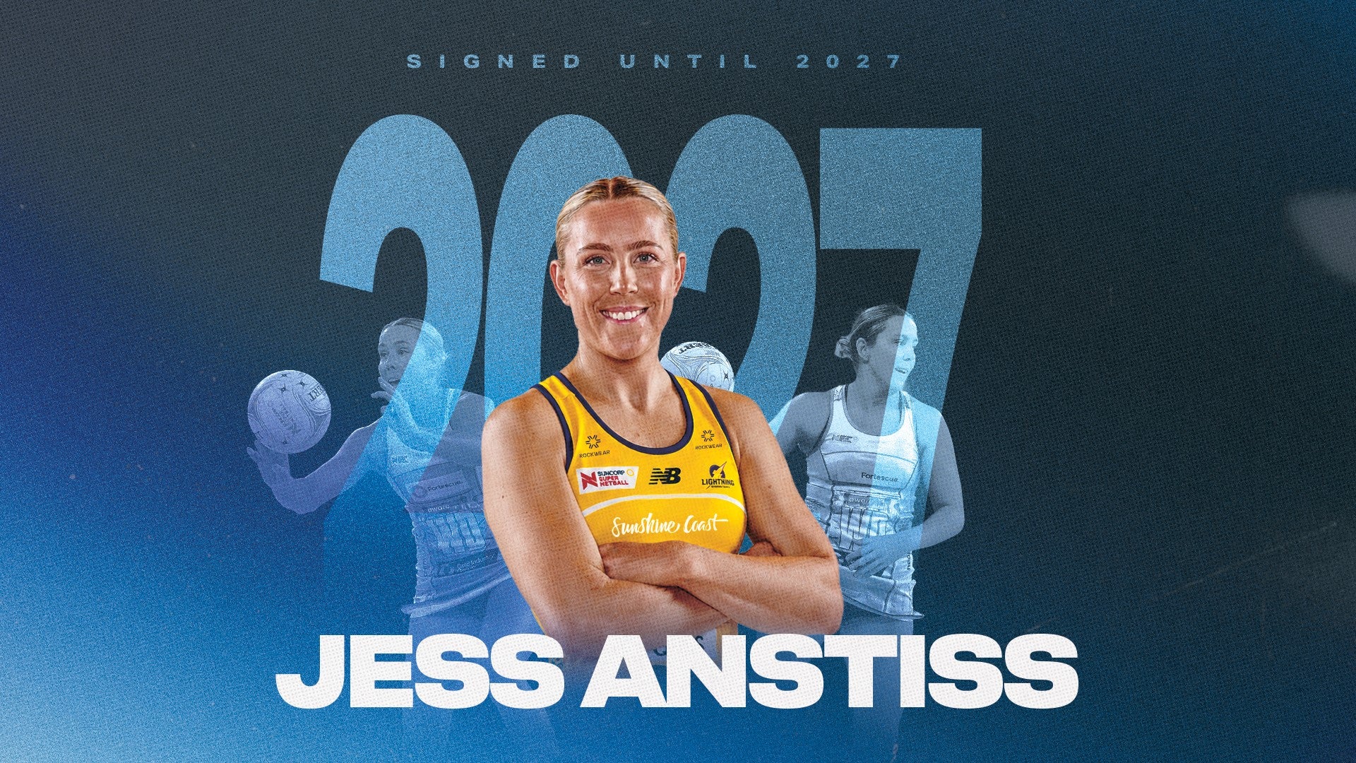Netball profile pic of Jess Anstiss; 2027 background text