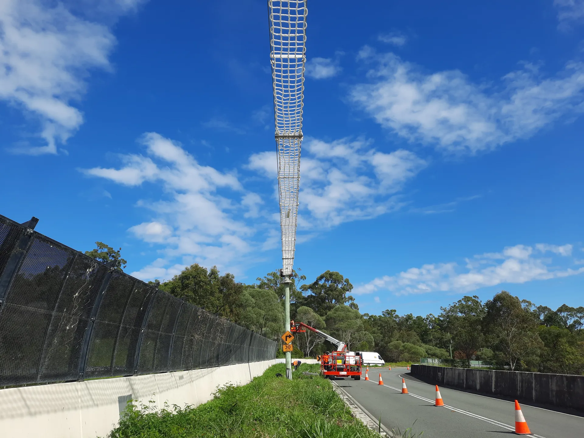 Rope ladder suspended in the air over a grassy verge