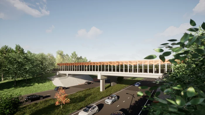 Artist impression of the new pedestrian and cyclist bridge when looking west toward the existing Stringybark Road Bridge.