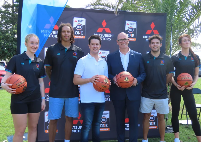 Phoenix players with Sunshine Coast Councillor Taylor Bunnag and NBL CEO Vince Crivelli