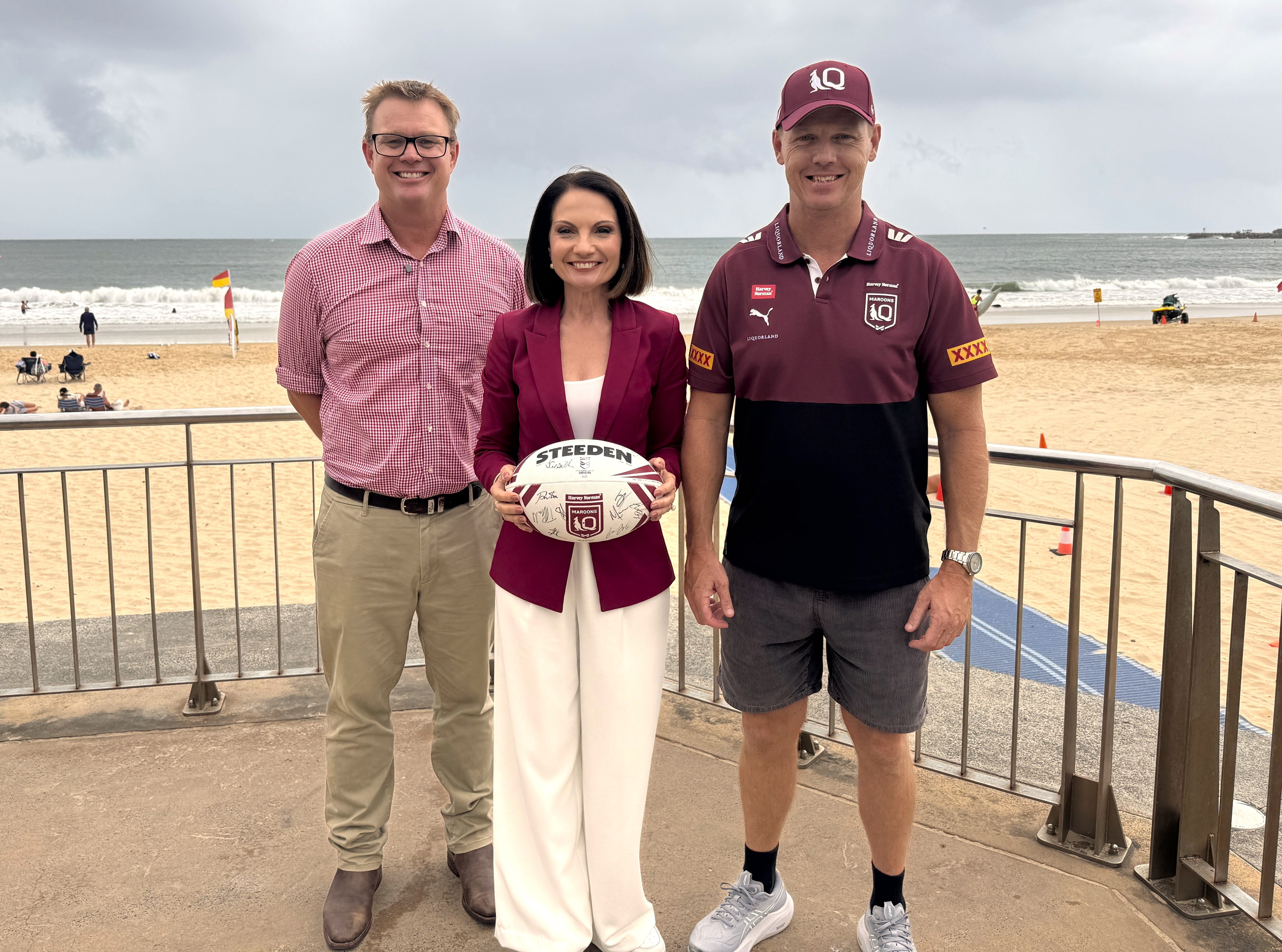 Queensland Rugby League General Manager of Pathways and Performance, Glenn Ottaway, Mayor Rosanna Natoli and Harvey Norman Queensland Maroons Head Coach Nathan Cross. 