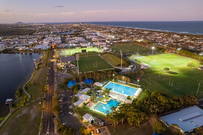 Arial view looking north from Bokarina, including Sunshine Coast Stadium to be expanded leading up to the 2032 Olympics. 