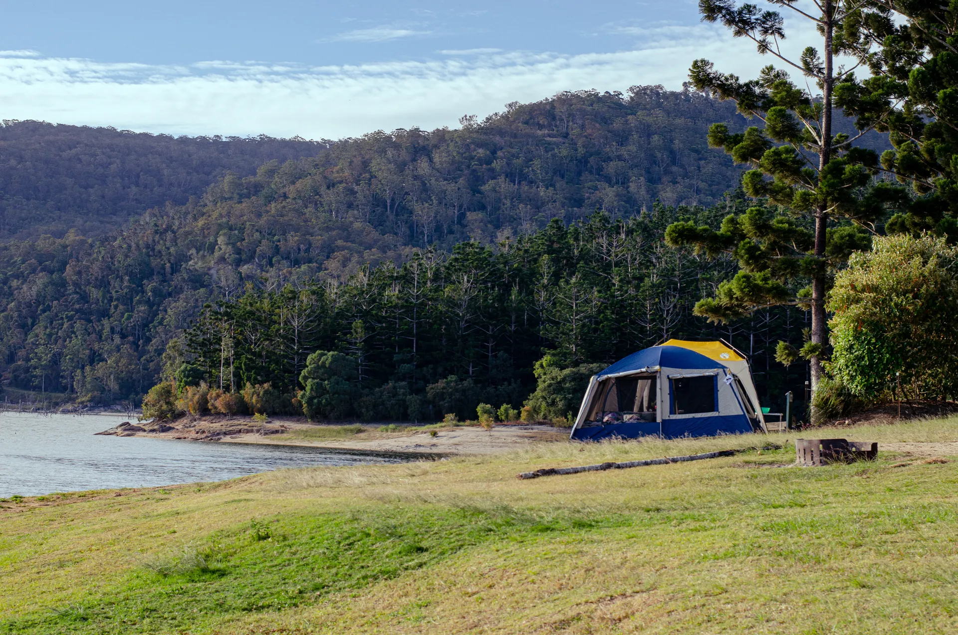 remote camp set up next to a lake