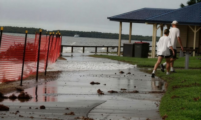 Water inundation over the coastal pathway at Golden Beach.