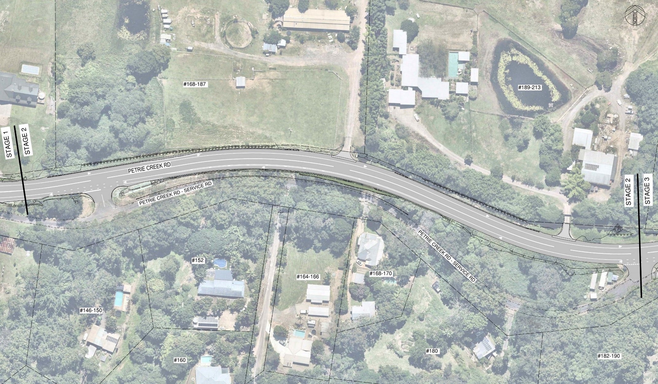 Stage 2 will involve road, drainage and utility works on Petrie Creek Road from stage 1 works for approximately 400m from Western Service Road to Eastern Service Road intersection.